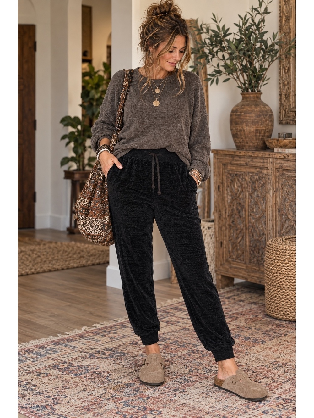 Women’s Large Black Velour Jogger Pants Drawstring Lounge